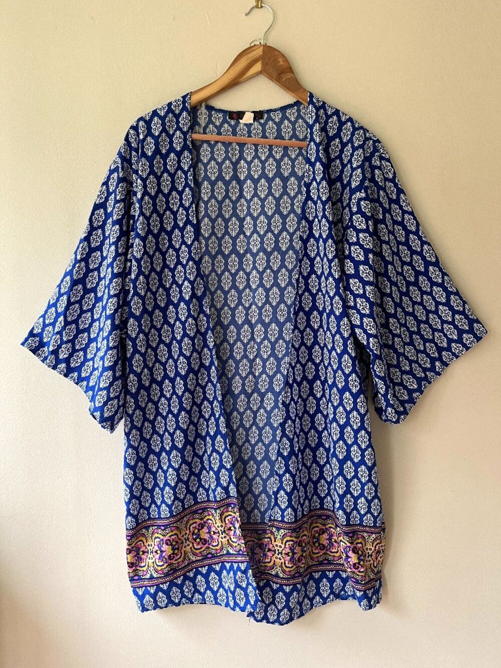 Kimono One Size Swim Open Tunic Cover Up Boho Chic Blue Paisley Long